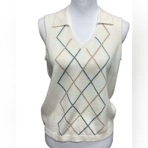 Cream Argyle Knit Sleeveless Sweater Vest
